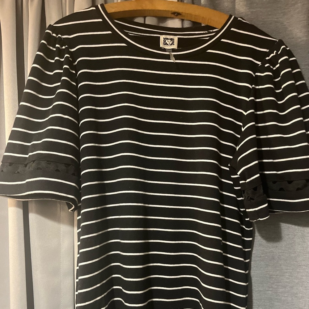 Ann Klein- Worn once, navy and white striped cotton blouse with fun sleeves.